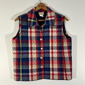 Vintage Plaid Quilted Sleeveless Snap-Up Vest